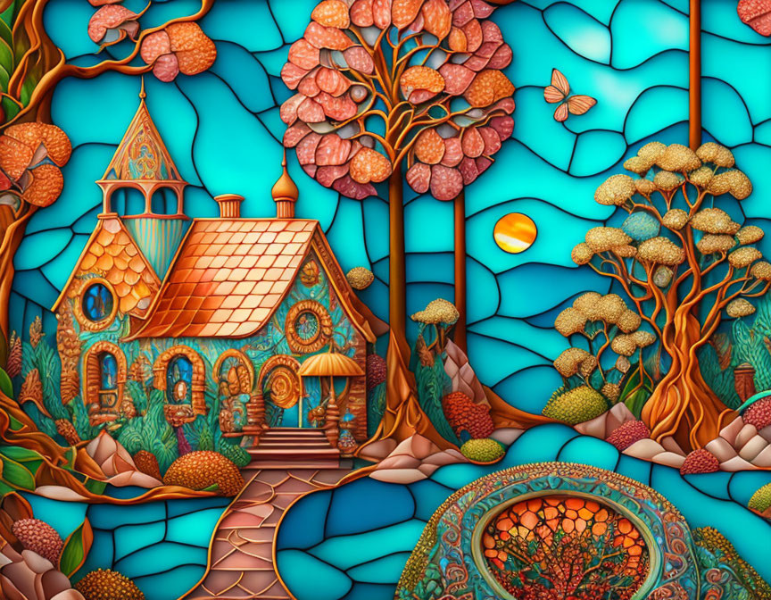 Colorful Landscape Artwork with Ornate House and Butterfly