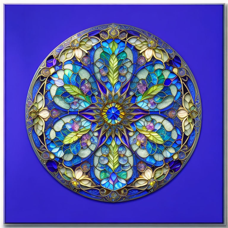 Circular Stained Glass Window with Symmetrical Floral Patterns in Blue, Purple, and Gold Tones