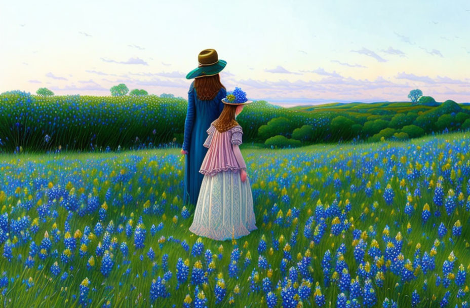 Vintage attired couple in bluebonnet field at sunset