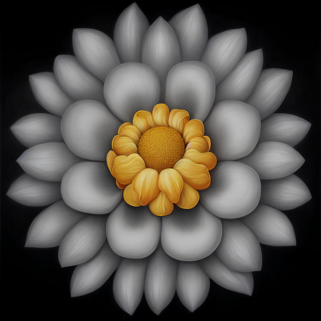 Stylized digital artwork of white flower with golden center on black background