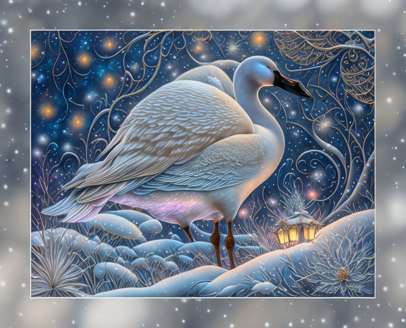 Majestic swan in snowy landscape with glowing stars