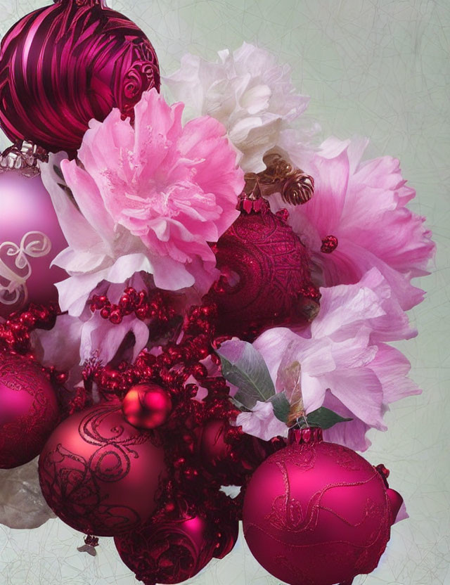 Pink Peonies and Red Christmas Ornaments Arrangement on Subtle Background