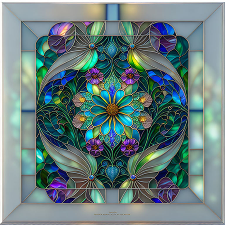 Symmetrical floral stained glass window in blue, green, and purple hues