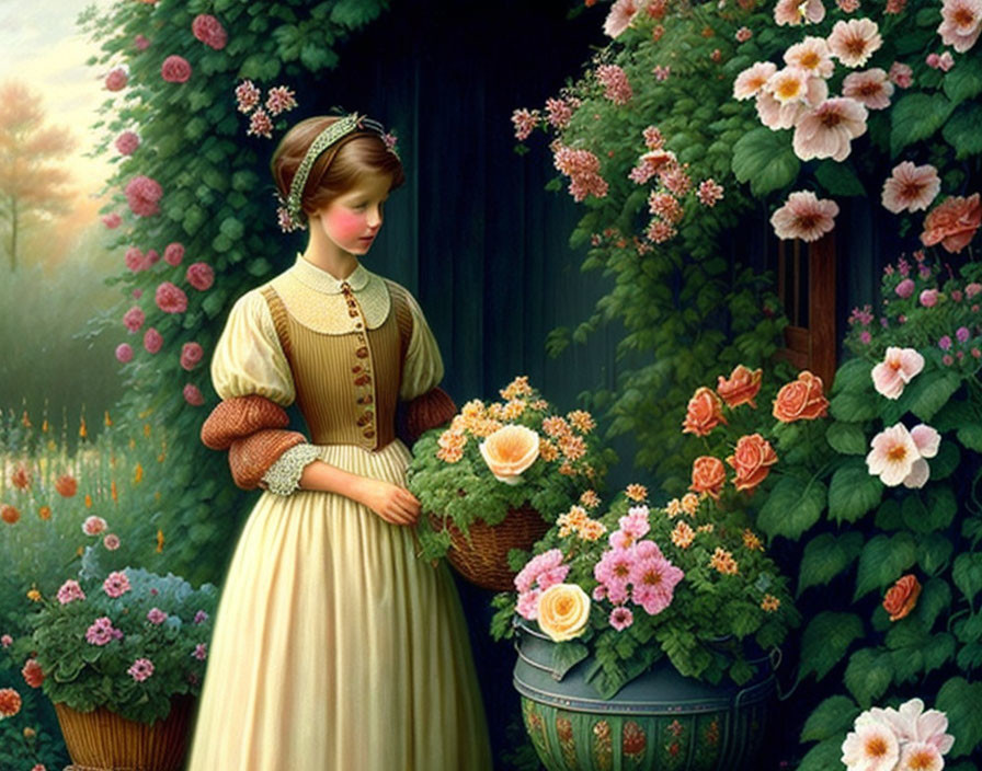 Young woman in vintage dress surrounded by roses in lush garden