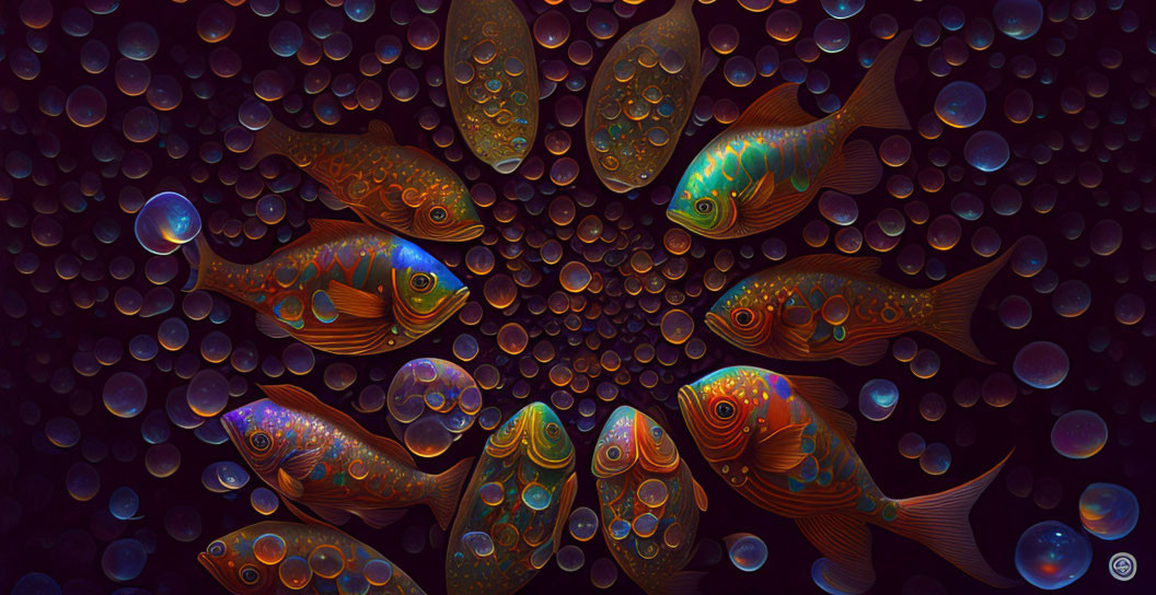 Colorful Fish and Bubbles in Dark Underwater Scene