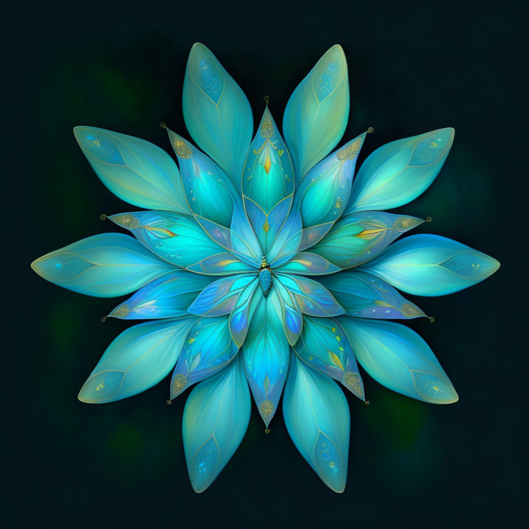 Symmetrical flower-like pattern in turquoise and blue with gold details on dark background