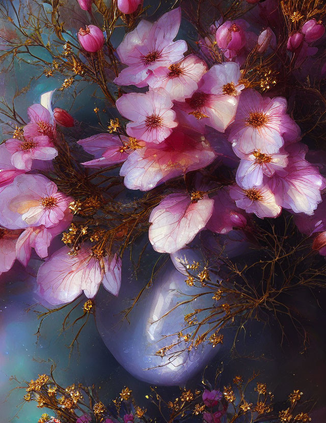 Pink Cherry Blossom Bouquet in Opaque Vase with Subtle Background Hues