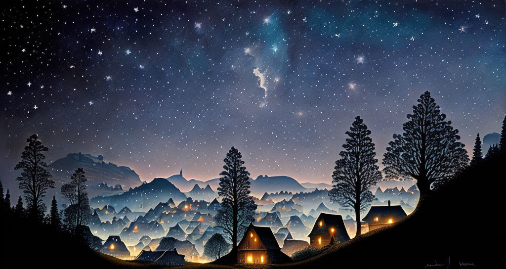 Starry Night Sky Over Silhouetted Trees and Cozy Homes