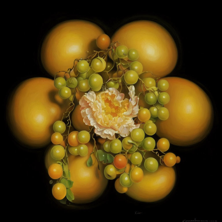 Still-life painting of yellow-orange fruits and white flower with green grapes on dark background