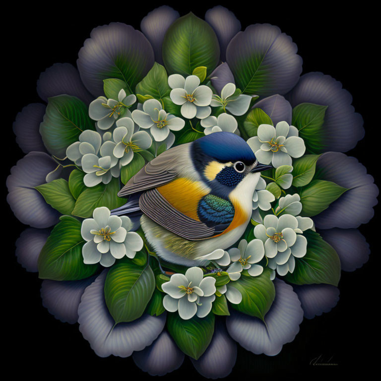 Colorful bird surrounded by white flowers on dark background