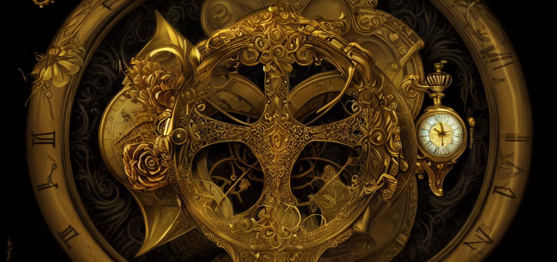 Golden Steampunk Style Composition with Gears, Compass, and Rose on Clock Faces