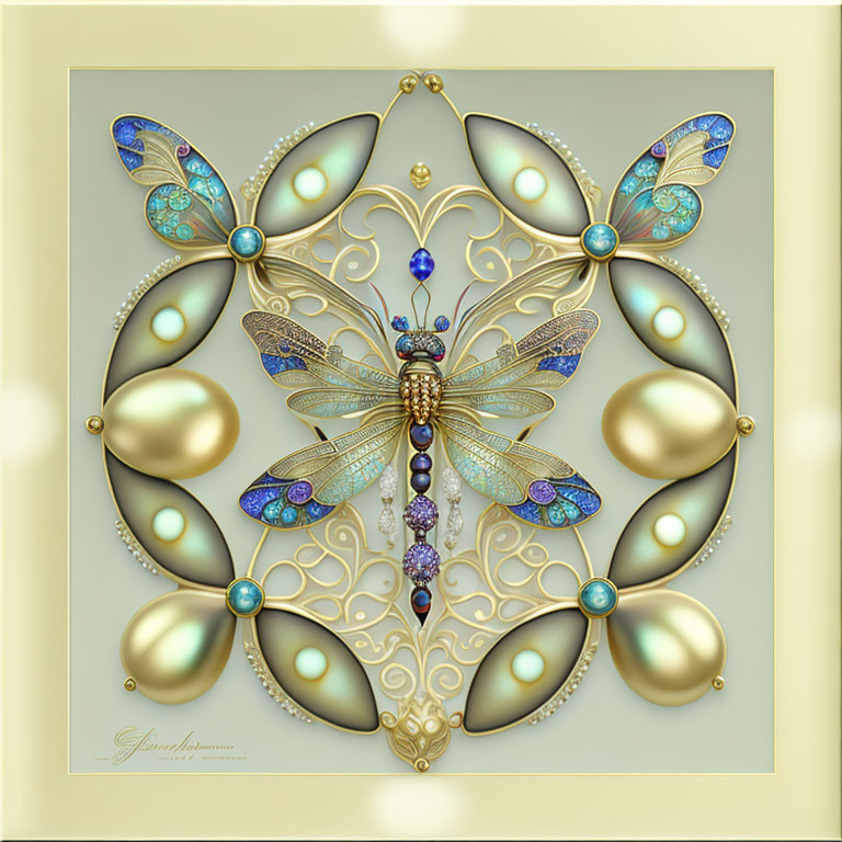 Symmetrical gold and turquoise dragonfly surrounded by ornate teardrop shapes