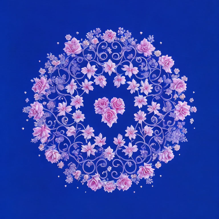 Circular Floral Design with Pink Roses, White Flowers, and Silver Swirls on Blue Background