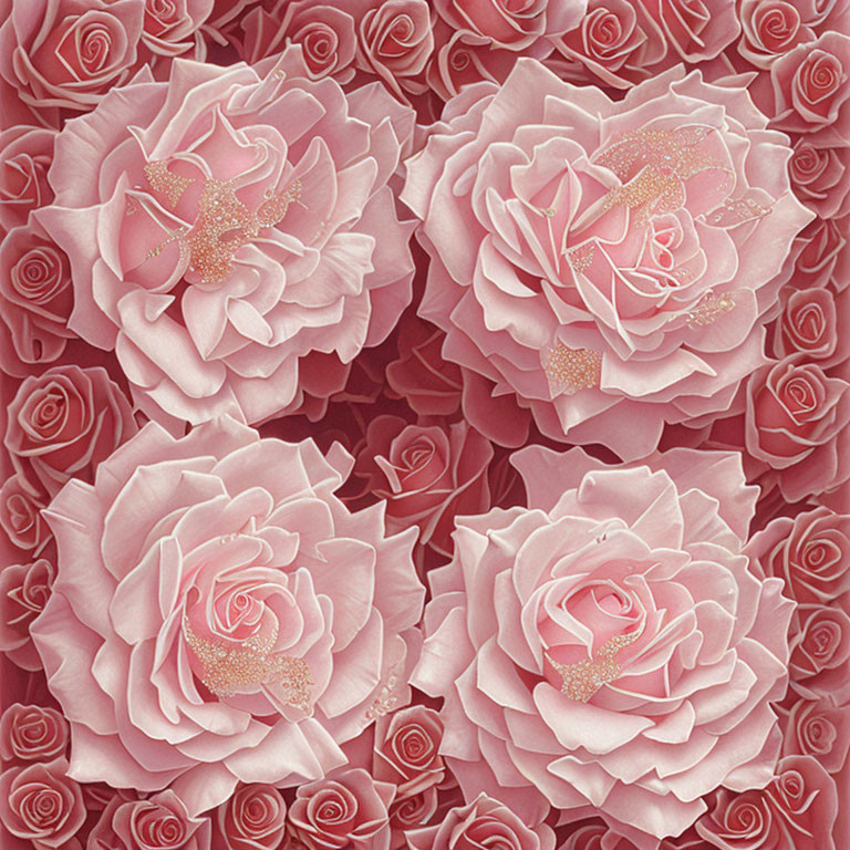 Ornate pink rose pattern with glitter accents on pink and red backdrop