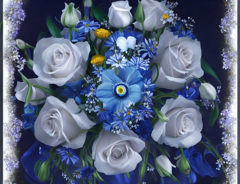 Elegant floral arrangement with white roses and blue eye-like flowers