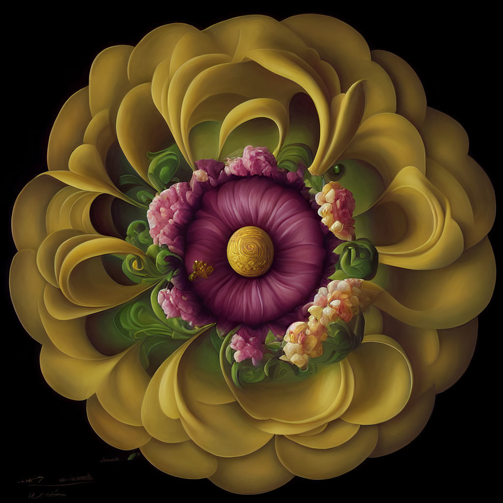 Stylized digital art of yellow and purple flower layers