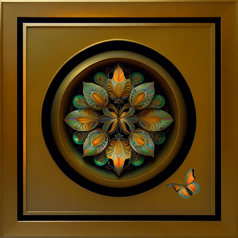 Intricate warm-colored mandala with square borders and butterfly