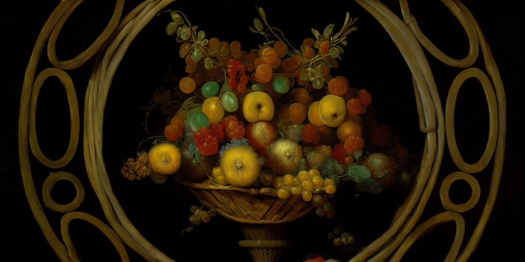 Vibrant Fruit Basket Still Life Painting on Dark Background