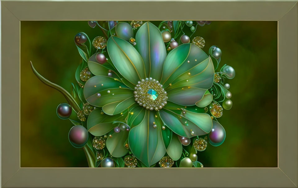 Symmetrical green flower with pearls and spheres on beige background