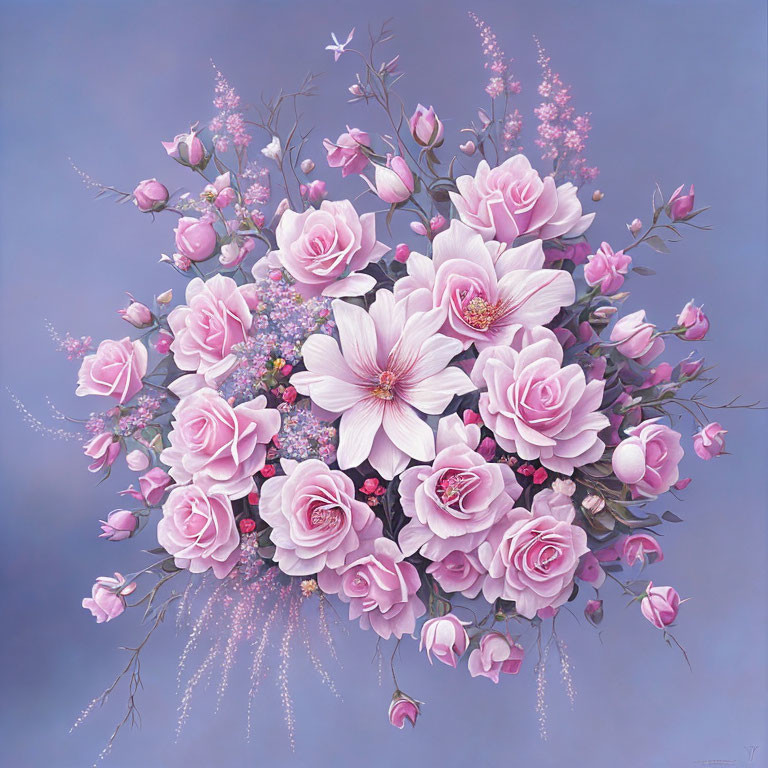 Pastel Pink Flowers Bouquet on Soft Blue Background