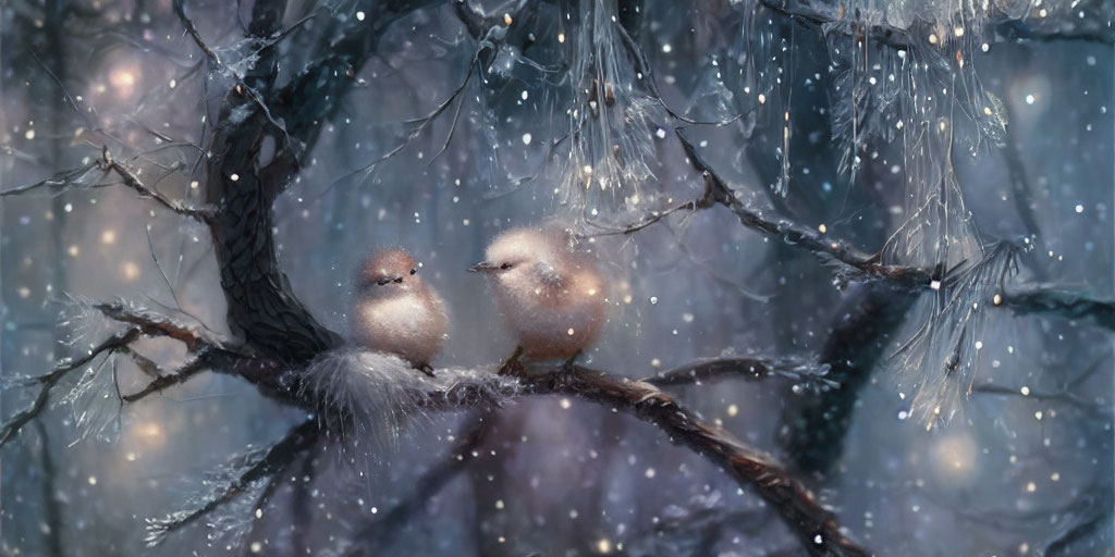 Fluffy birds on snowy branch with lights and ice crystals