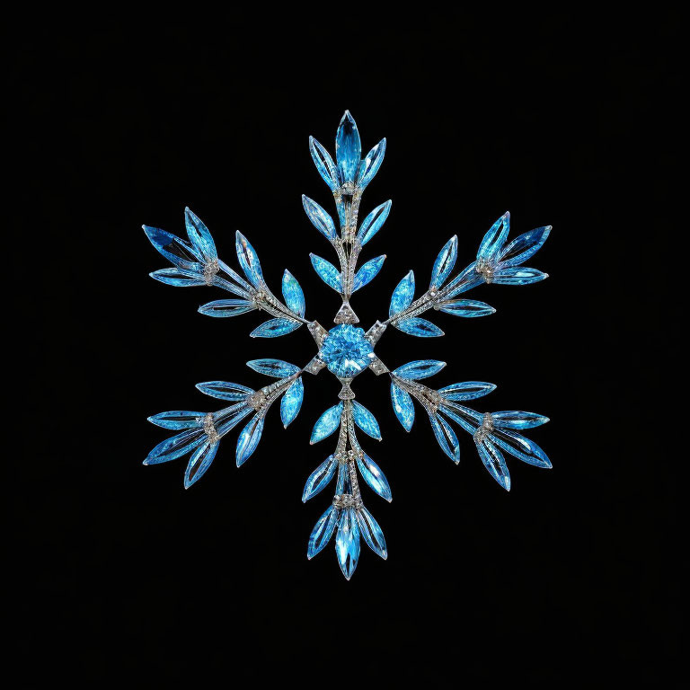 Snowflake-Shaped Jewelry with Blue Gems and Diamond Center on Black Background