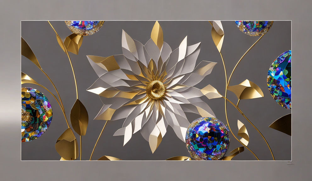 Metallic Golden Flower Centerpiece with Mosaic Spheres and Gold Leaves on Gray Background