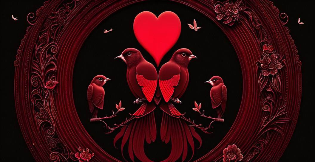 Ornate heart surrounded by red birds in circular frame on black background