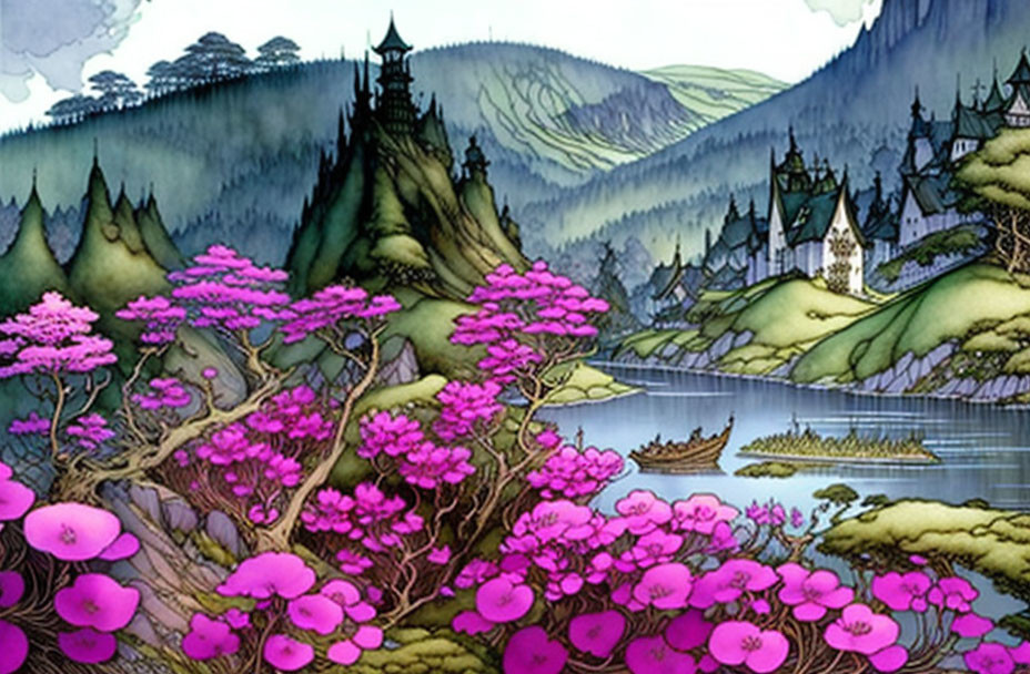 Vibrant pink blossoming trees with serene lake and distant castles