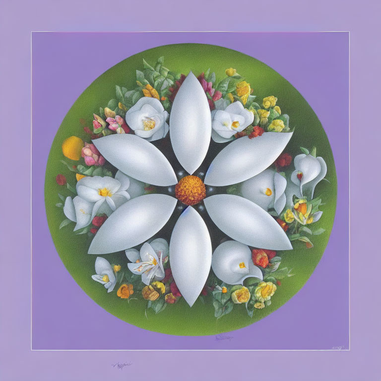 Circular floral arrangement with white magnolia, yellow and pink blossoms on green background and purple border