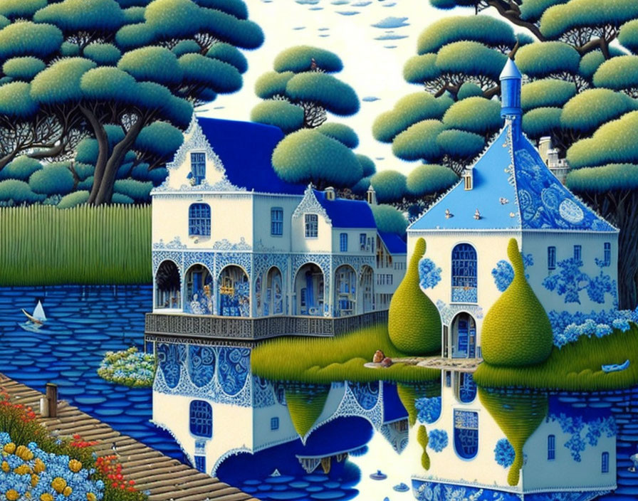 Colorful illustration of a patterned house by water with boats & trees