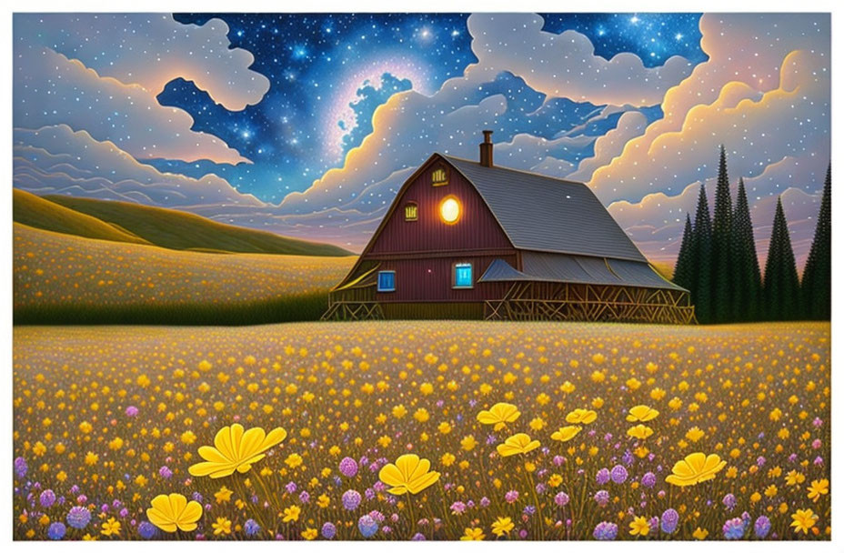 Illustration of cozy starlit night with rustic house in vibrant field of yellow flowers under galaxy-filled sky