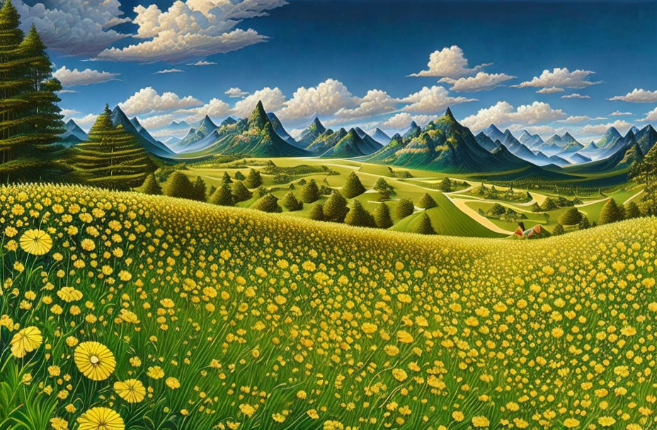 Colorful landscape with hills, yellow flowers, mountains, trees, and cottage under blue sky