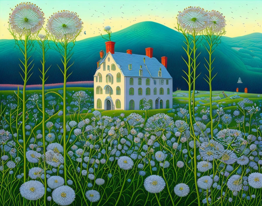 Whimsical painting of large house, green hills, oversized flowers, starry sky