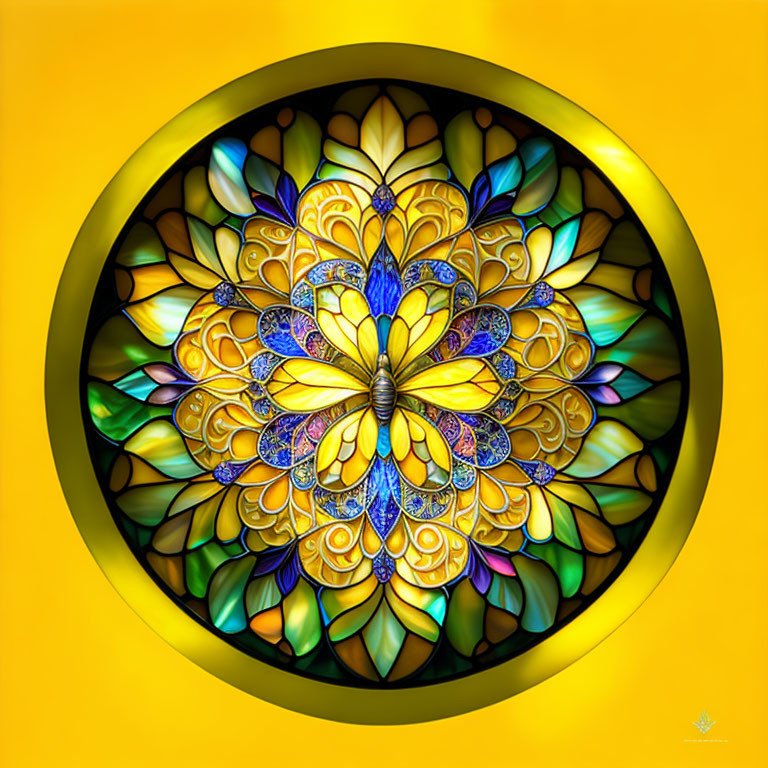 Circular Stained Glass-Style Artwork with Floral Patterns in Vibrant Colors