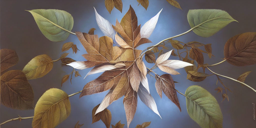 Symmetrical arrangement of green, brown, and white leaves on blue background