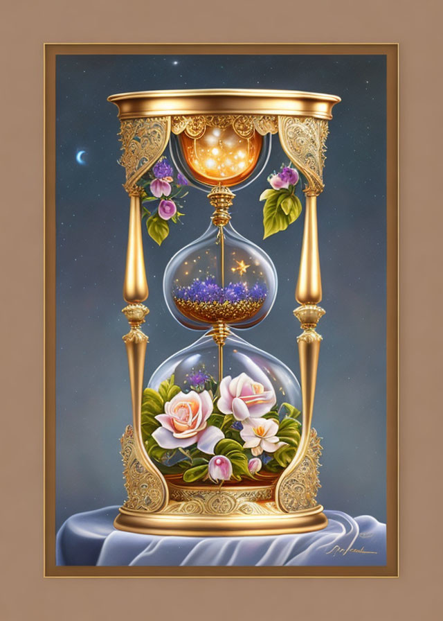 Ornate hourglass with cosmic background and vibrant flowers on draped cloth