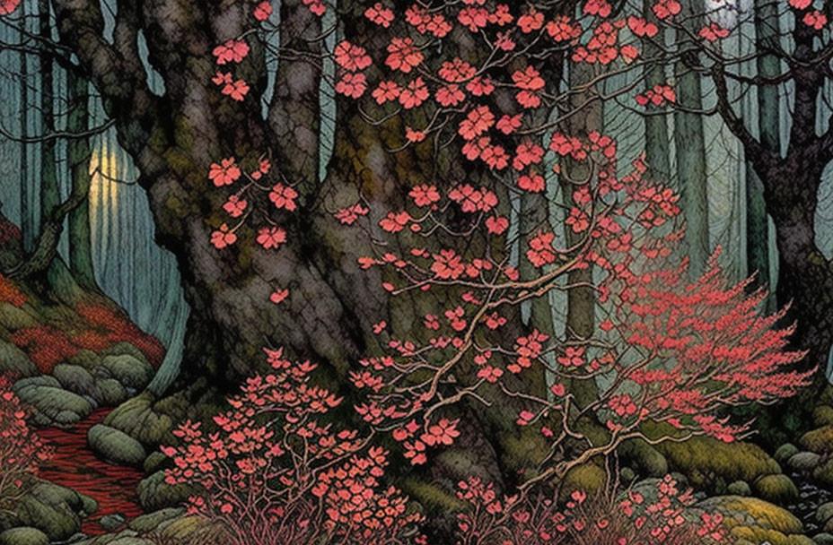 Detailed Illustration: Mystical Forest with Gnarled Trees and Pink Flowers