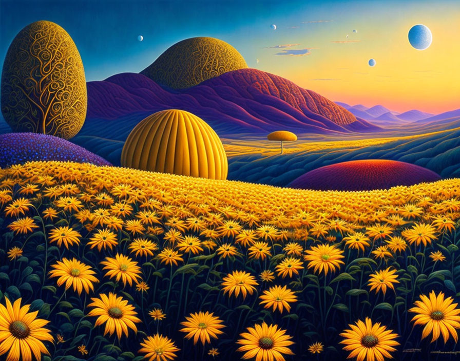 Surreal landscape painting: sunflowers, rolling hills, stylized trees, twilight sky