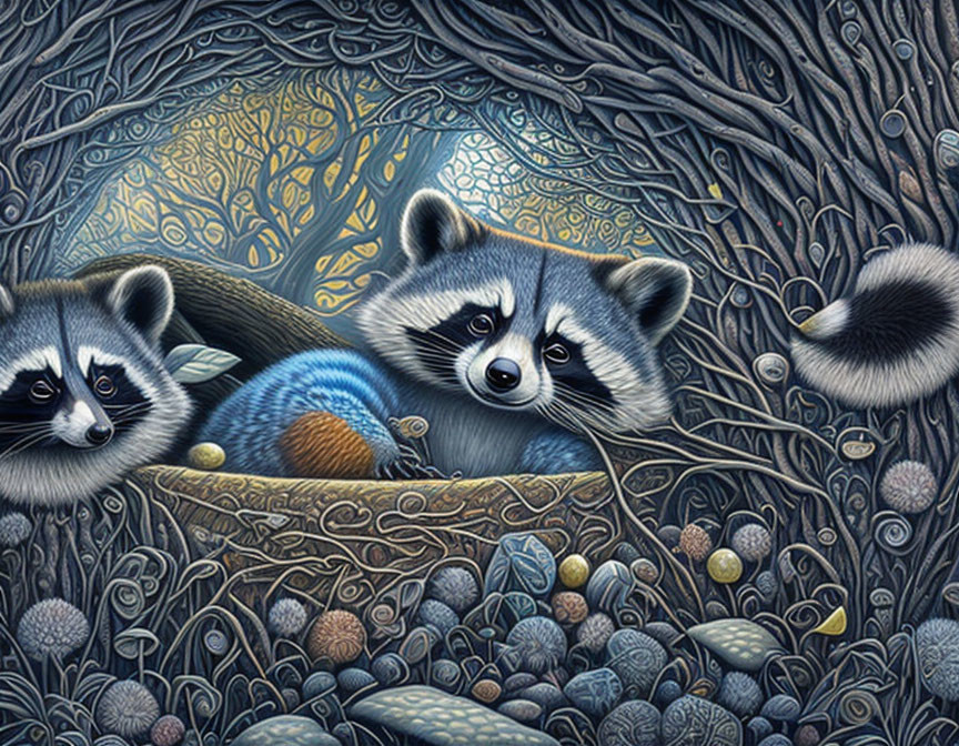 Raccoons in hollow with tree patterns and leaf motifs