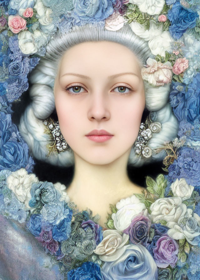 Portrait of woman with pale skin surrounded by blue and white floral halo and detailed earrings