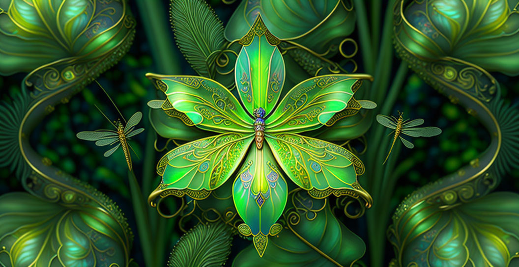 Symmetrical jewel-toned butterfly with dragonflies on green backdrop