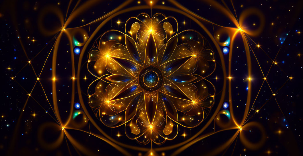 Symmetrical golden-lined mandala on cosmic background.