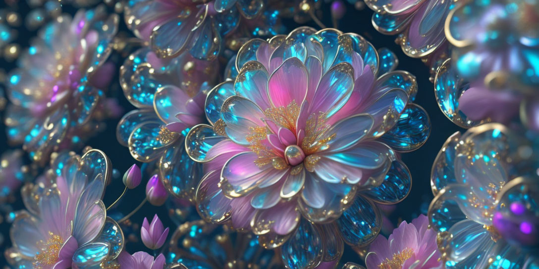 Colorful 3D-Rendered Flowers in Blue and Pink with Beads on Dark Background