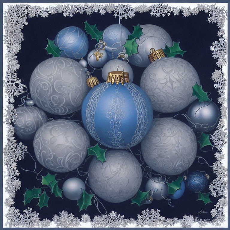 Blue and white Christmas baubles with snowflake and holly designs on dark background