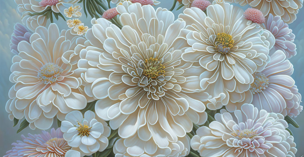 Detailed Pale Chrysanthemum Flowers Against Botanical Background