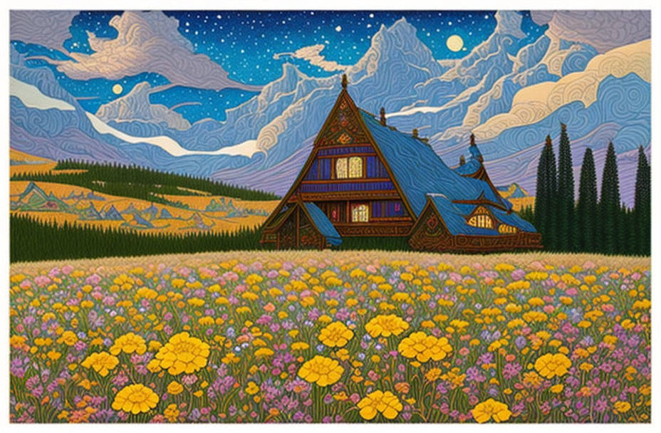 Vibrant painting of house in flower field under starry sky