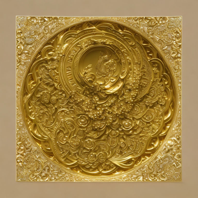 Intricate Golden Circular Bas-Relief with Floral Patterns