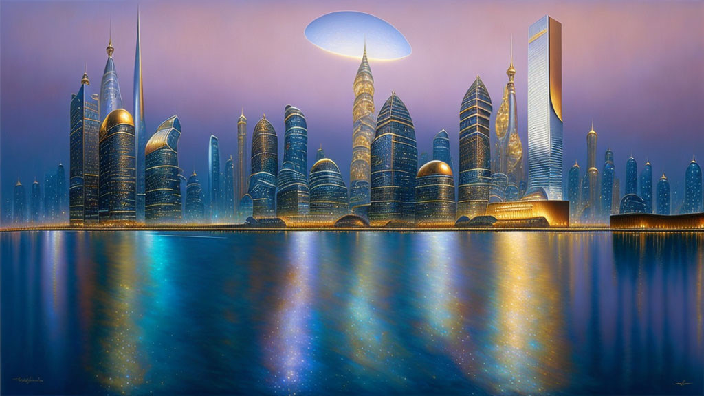 Futuristic cityscape with towering skyscrapers and calm waterfront reflections