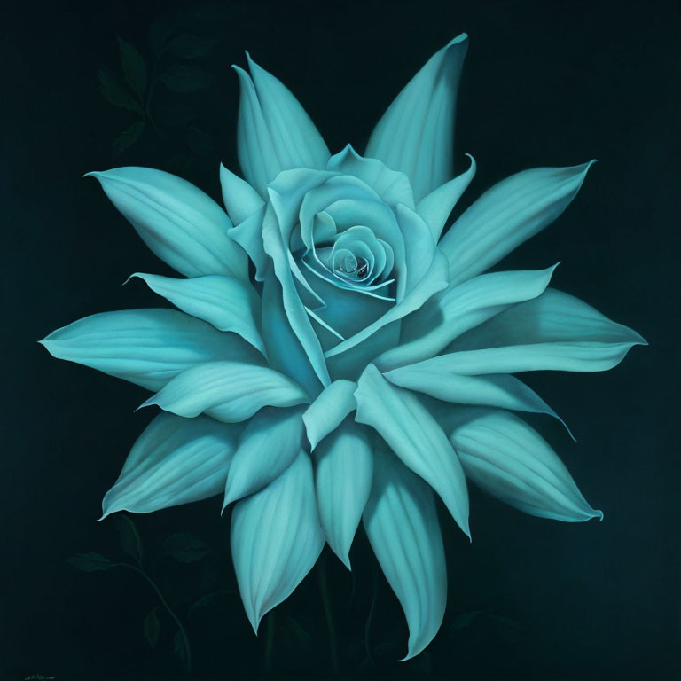 Detailed Painting of Large Blue Rose on Dark Background